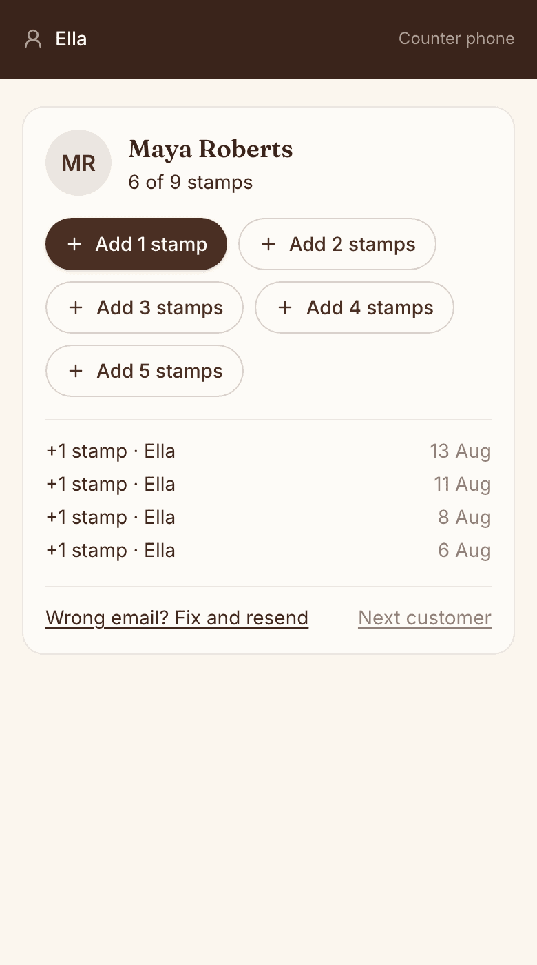 The till screen showing a customer found and an add stamp button